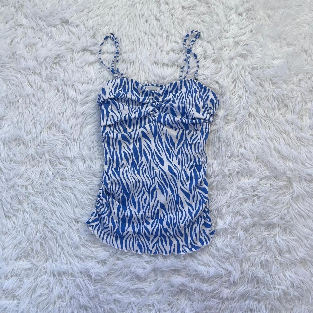 y2k blue & white cinched babydoll zebra print tank top xs